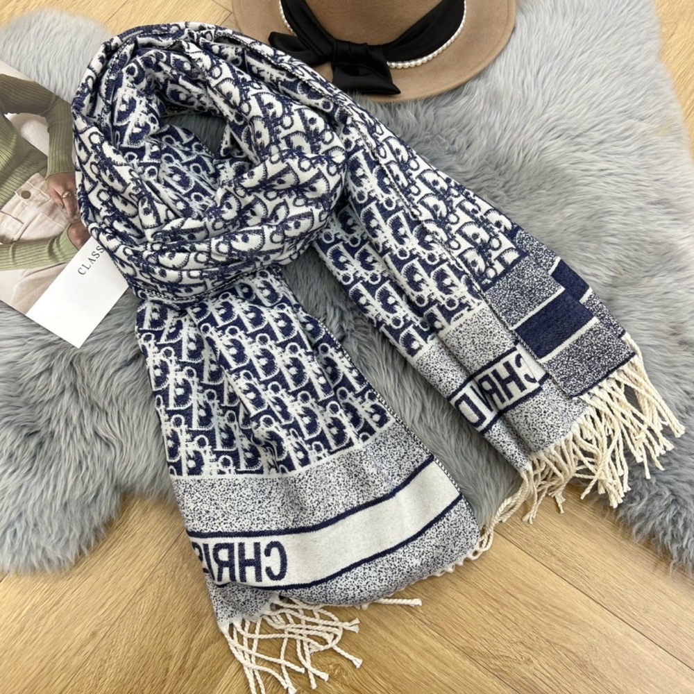 Dior Navy & White Monogram Fringe Scarf Throw - Picture 6 of 6